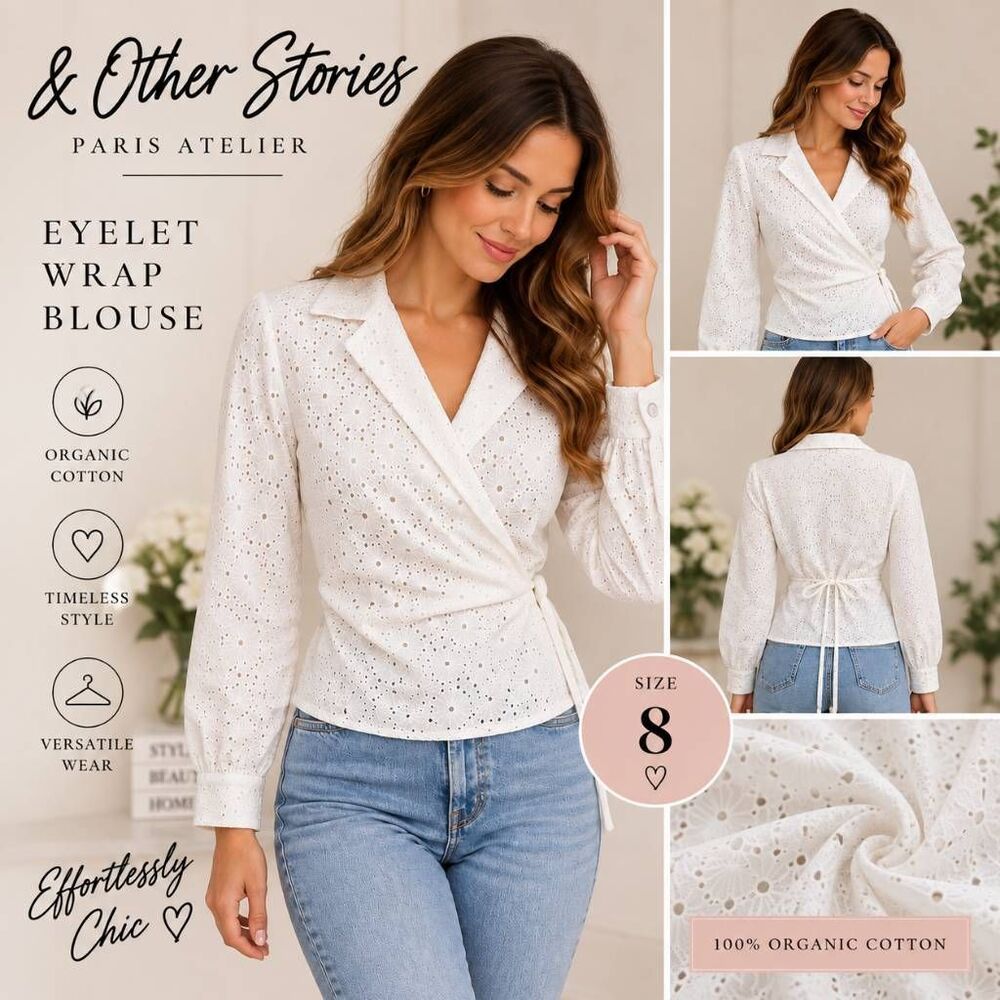 & Other Stories Women’s US 8 White Eyelet Wrap Blouse Organic Cotton NWT